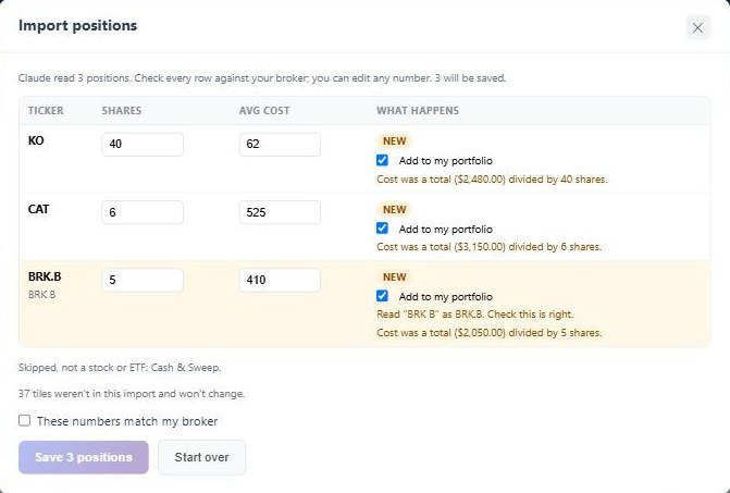 Import positions: a table of sample positions to confirm before saving