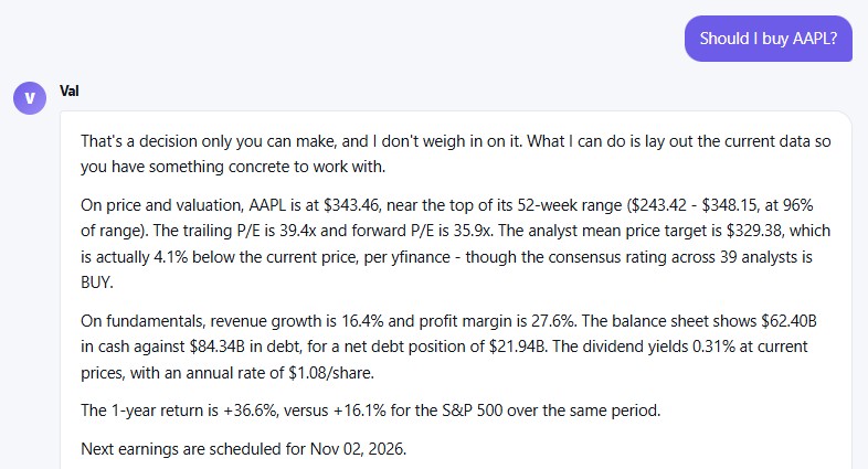 Val answering 'Should I buy AAPL?': that's your decision, then the current data